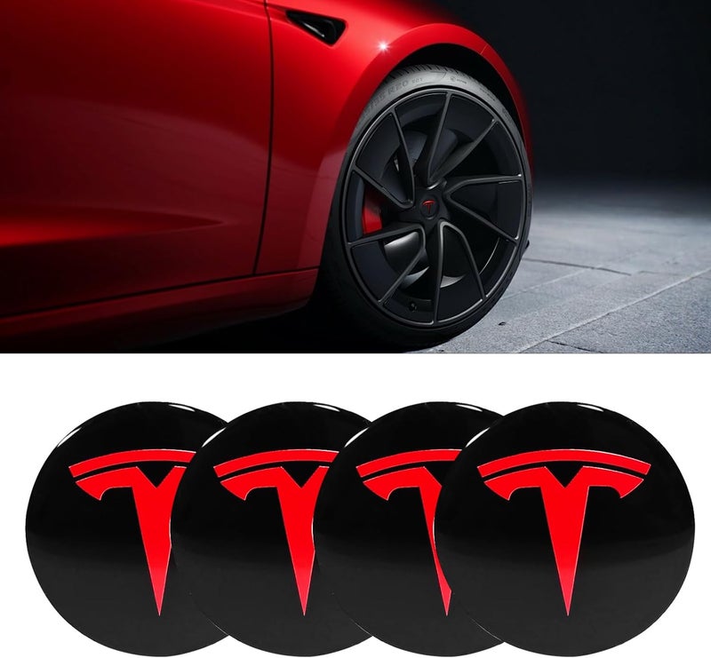 Knomix 4 Pack Aluminum Waterproof Wheel Cover Center Emblem Sticker for Tesla Model 3 Model Y 56mm Hubcaps Wheel Rim Cover (Black Background+Red Emblem) - Image 4